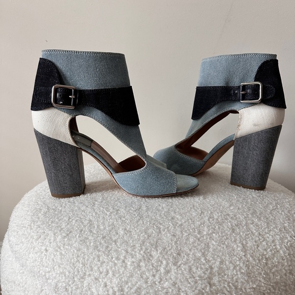 Multi Contrasting Jean Cutout Sandal By Laurence Dacade Size 39.5  4" Heel - Picture 10 of 16